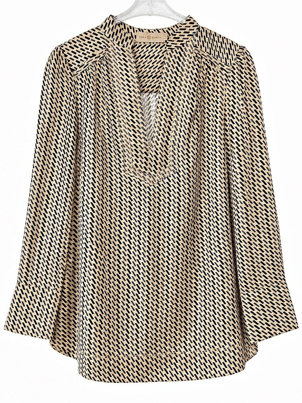 Tory Burch Geometric Long Sleeve Blouse in Brown & Black